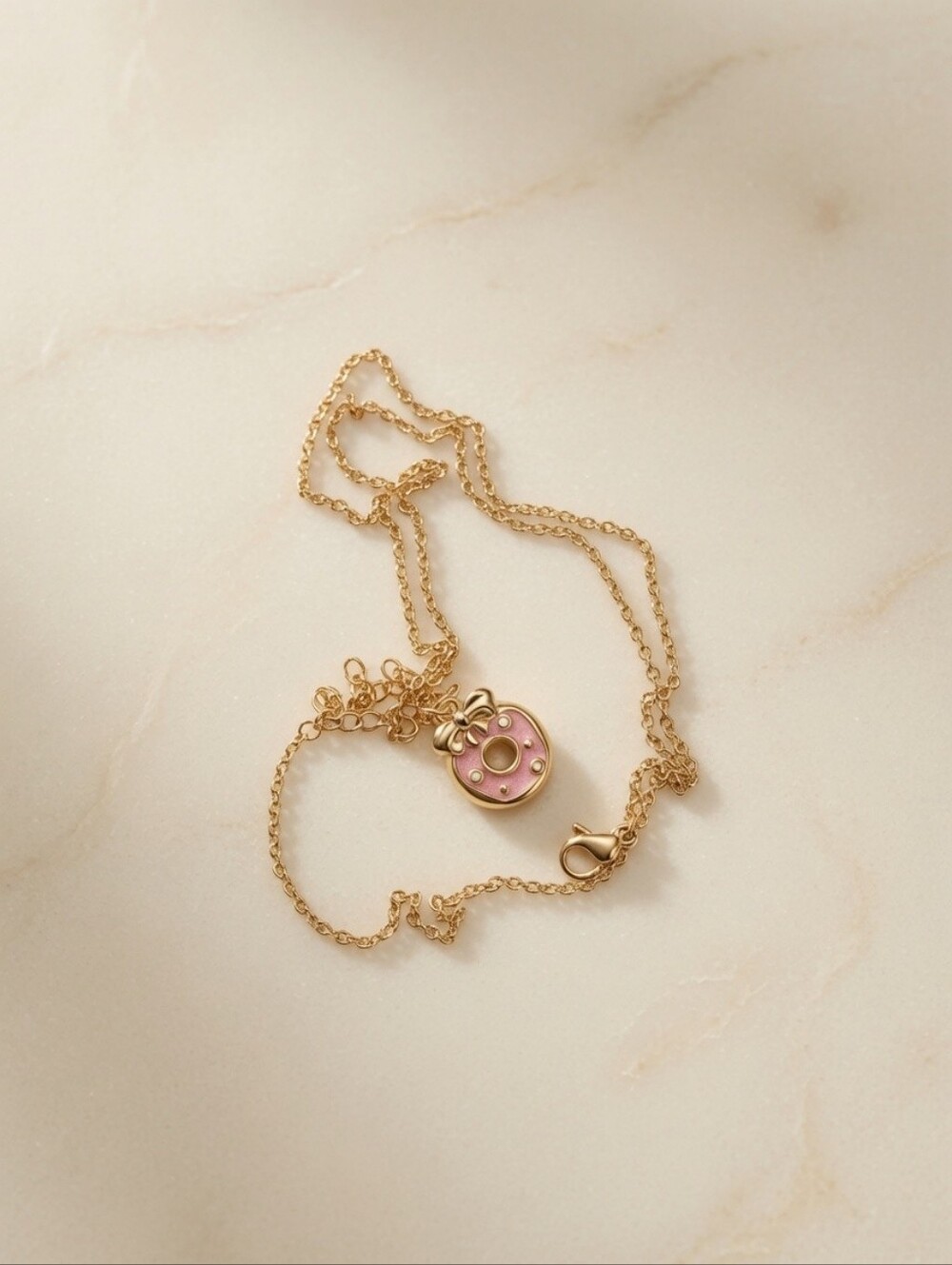 Pink Donut Pendant Necklace Gold Bow Cute Jewelry Gold Plated 19inch length